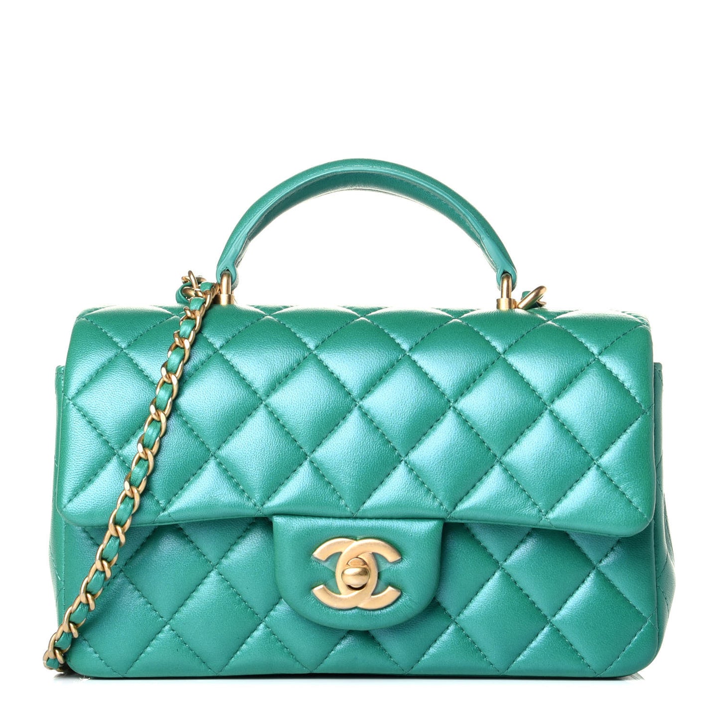 Iridescent Lambskin Quilted Mini Top Handle Rectangular Flap Green