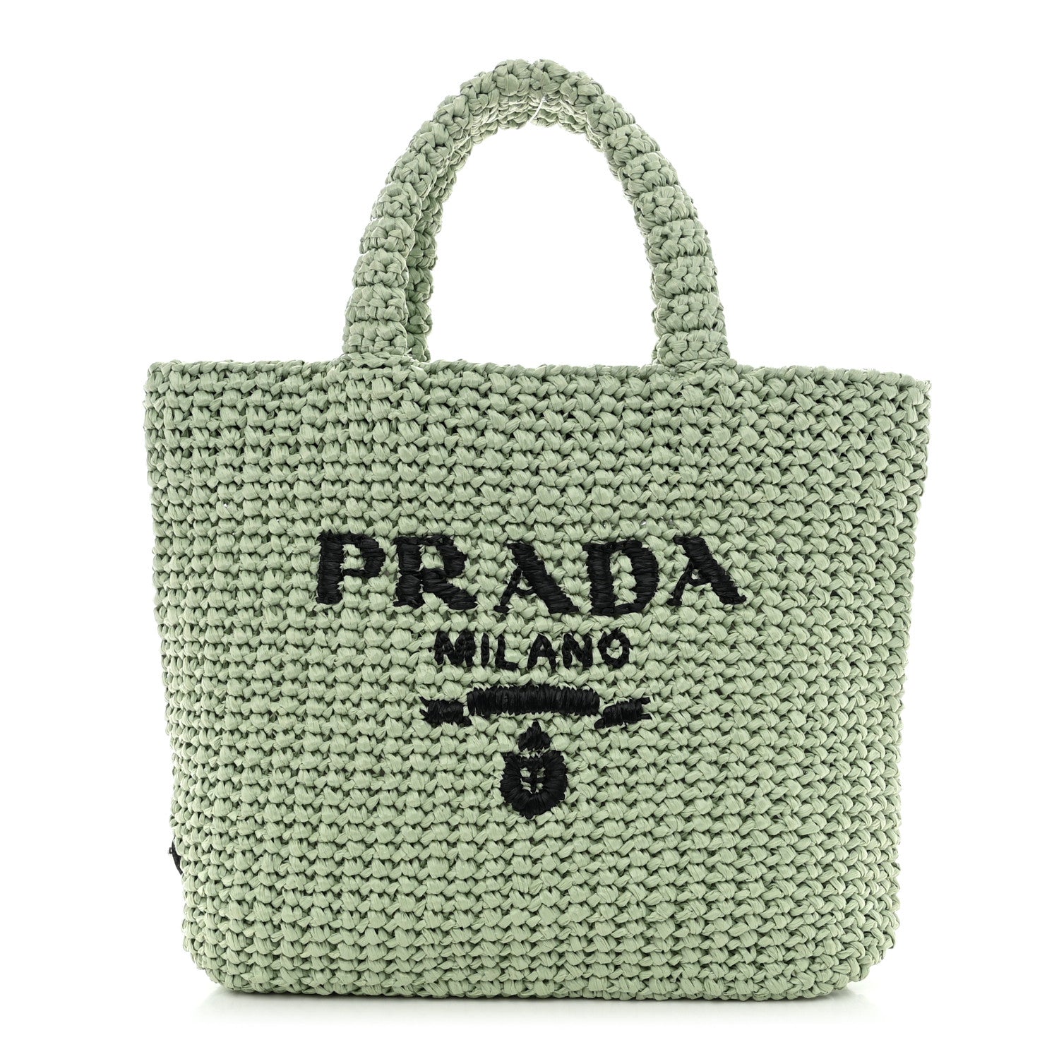 Prada Yarn Raffia Effect Crochet Small Logo Tote Acqua 1 of 10