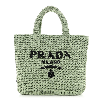 Prada Yarn Raffia Effect Crochet Small Logo Tote Acqua 1 of 10
