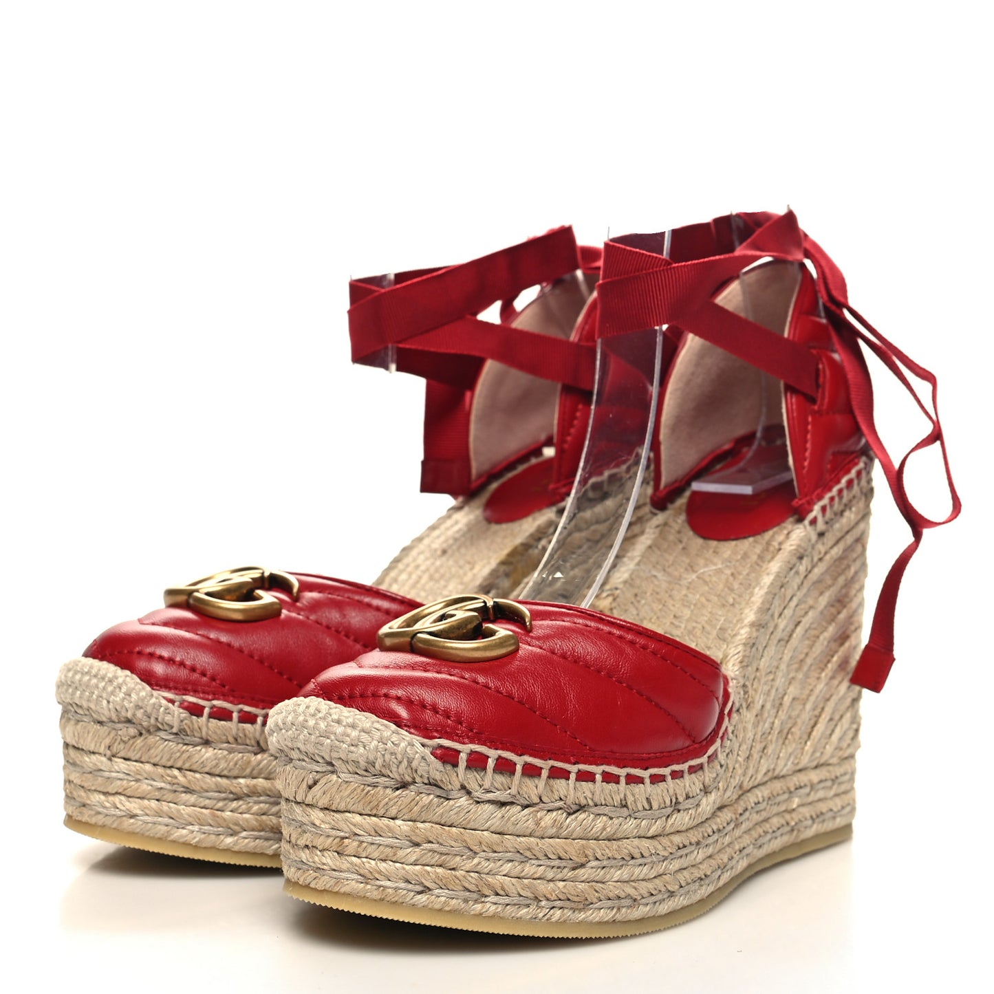 Nappa Matelasse GG Marmont Ankle Wrap Platform 35/120mm Espadrille Wedges 36.5 Hibiscus Red