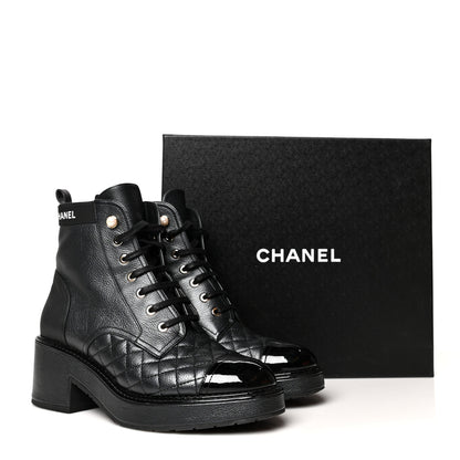 Chanel Pearly Calfskin Patent Calfskin Lace Up Combat Boots 40.5 Black 9 of 9