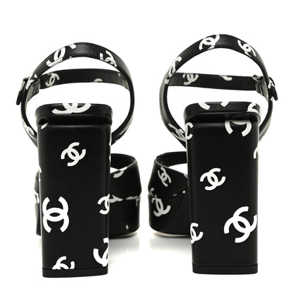 Chanel Printed Lambskin CC Platform Sandals 35 Black White 3 of 9