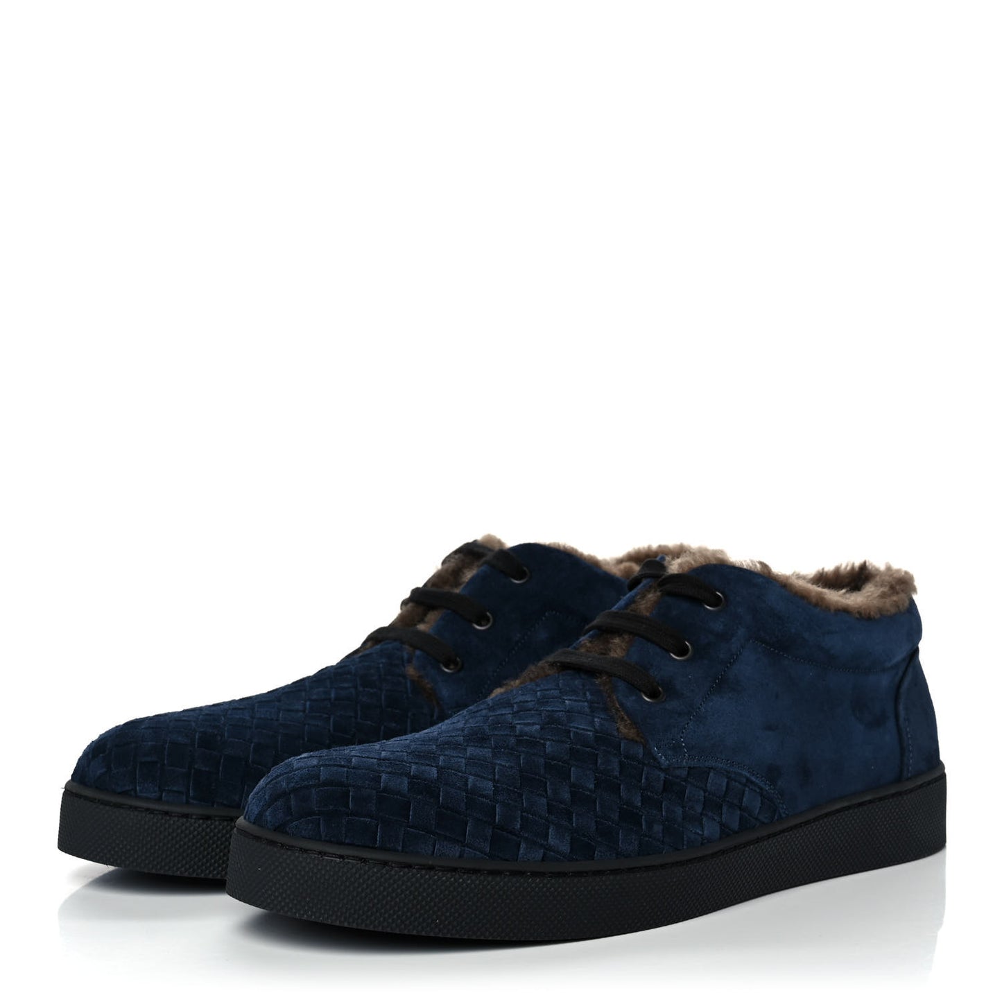 Suede Shearling Intrecciato Lace Up Sneakers 44.5 Navy
