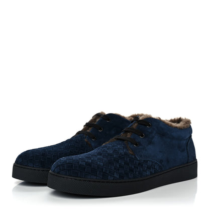 Bottega Veneta Suede Shearling Intrecciato Lace Up Sneakers 44.5 Navy 3 of 7