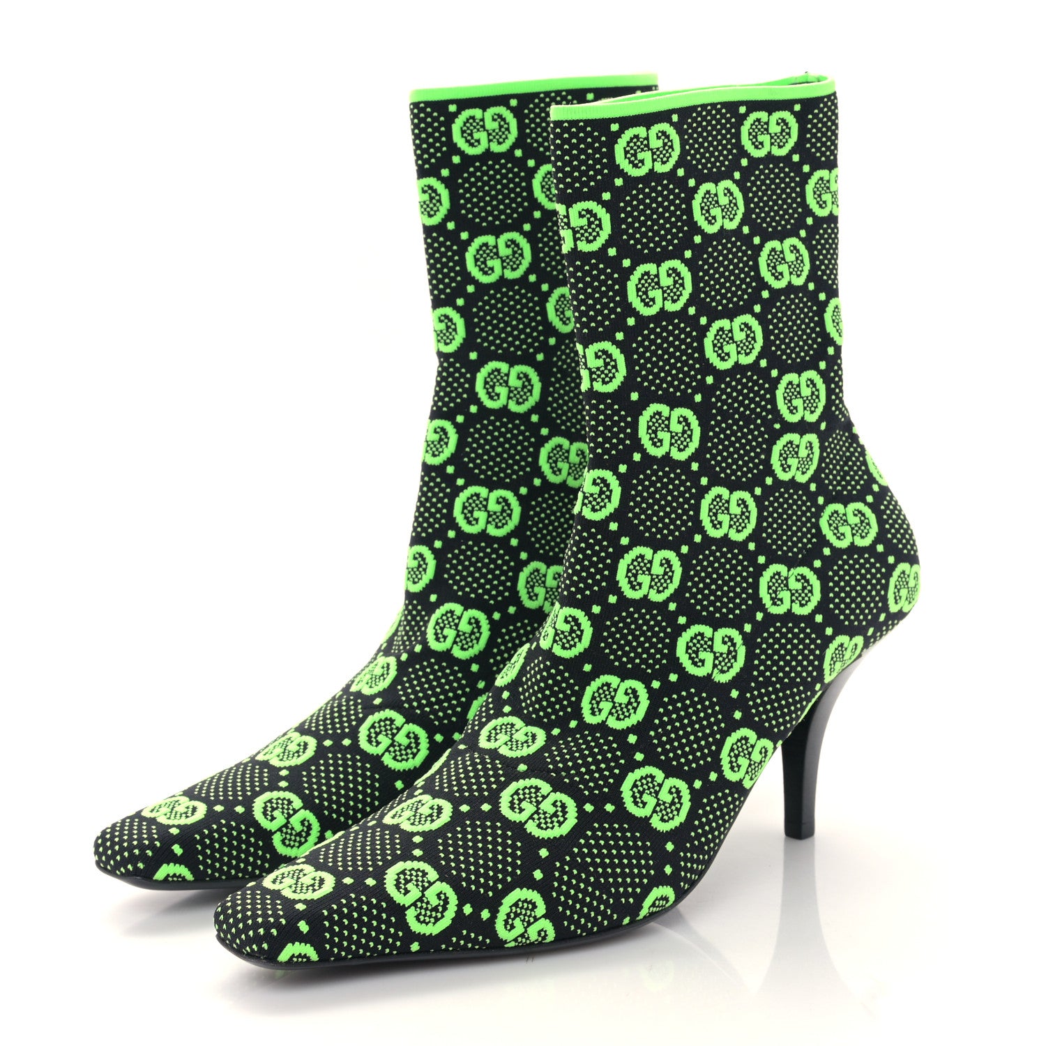 Gucci Technical Jersey Knit GG Monogram Square G 75mm Ankle Boots 39 Black Neon Green 3 of 8