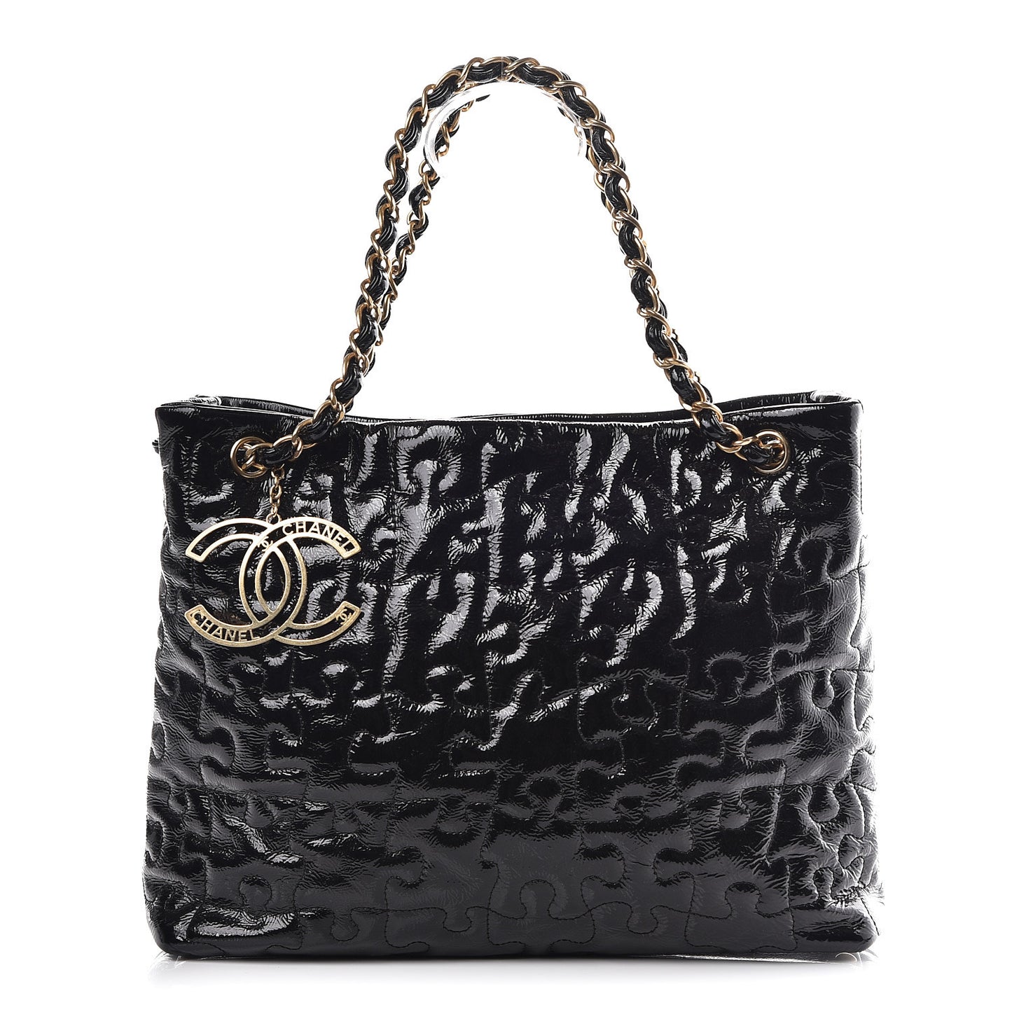 Crackled Patent Puzzle Tote Black