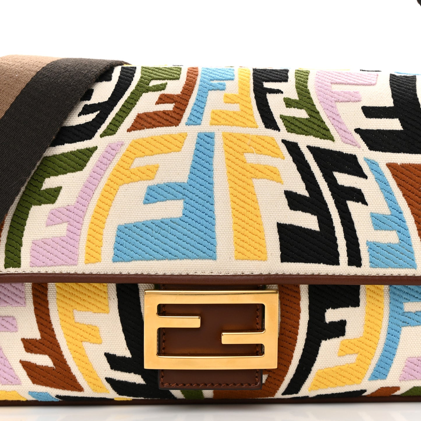 X SARA COLEMAN Canvas Vitello King Seta FF Fish Eye Embroidered Baguette Grezzo Multicolor Ghianda