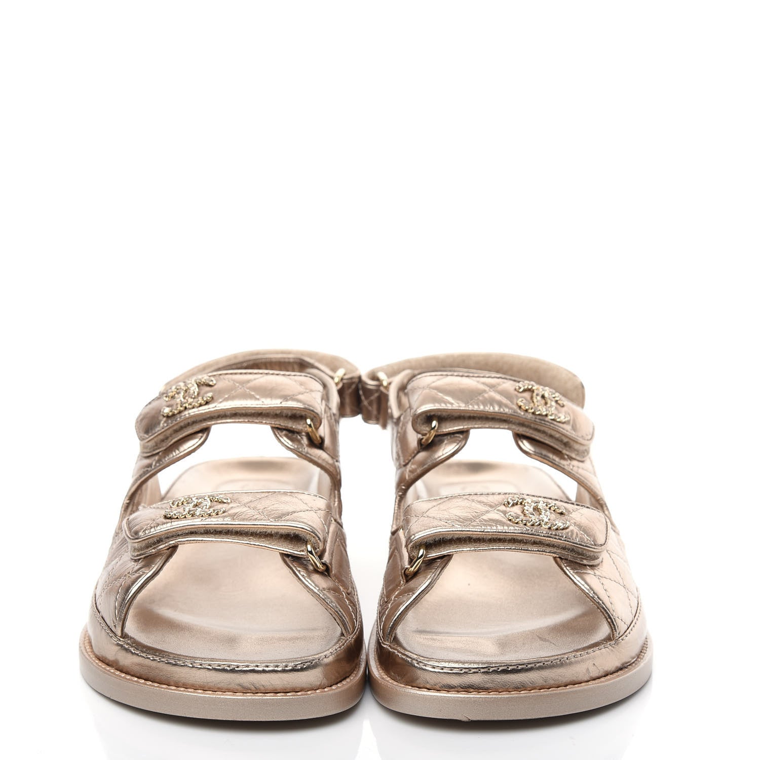 Chanel Iridescent Lambskin Quilted Velcro Dad Sandals 37.5 Light Bronze 2 of 11
