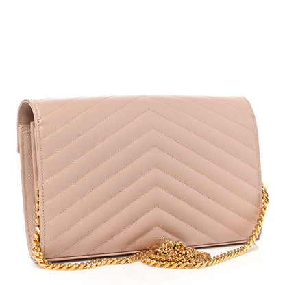Saint Laurent Grain De Poudre Matelasse Chevron Monogram Chain Wallet Pale Pink 3 of 9
