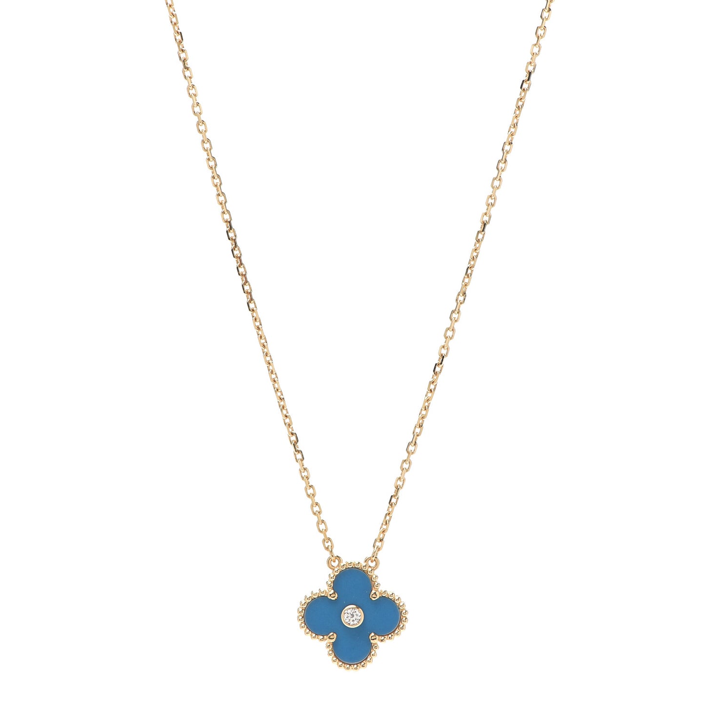 18K Yellow Gold Diamond Celestial Blue Sevres Porcelain Vintage Alhambra Pendant Necklace