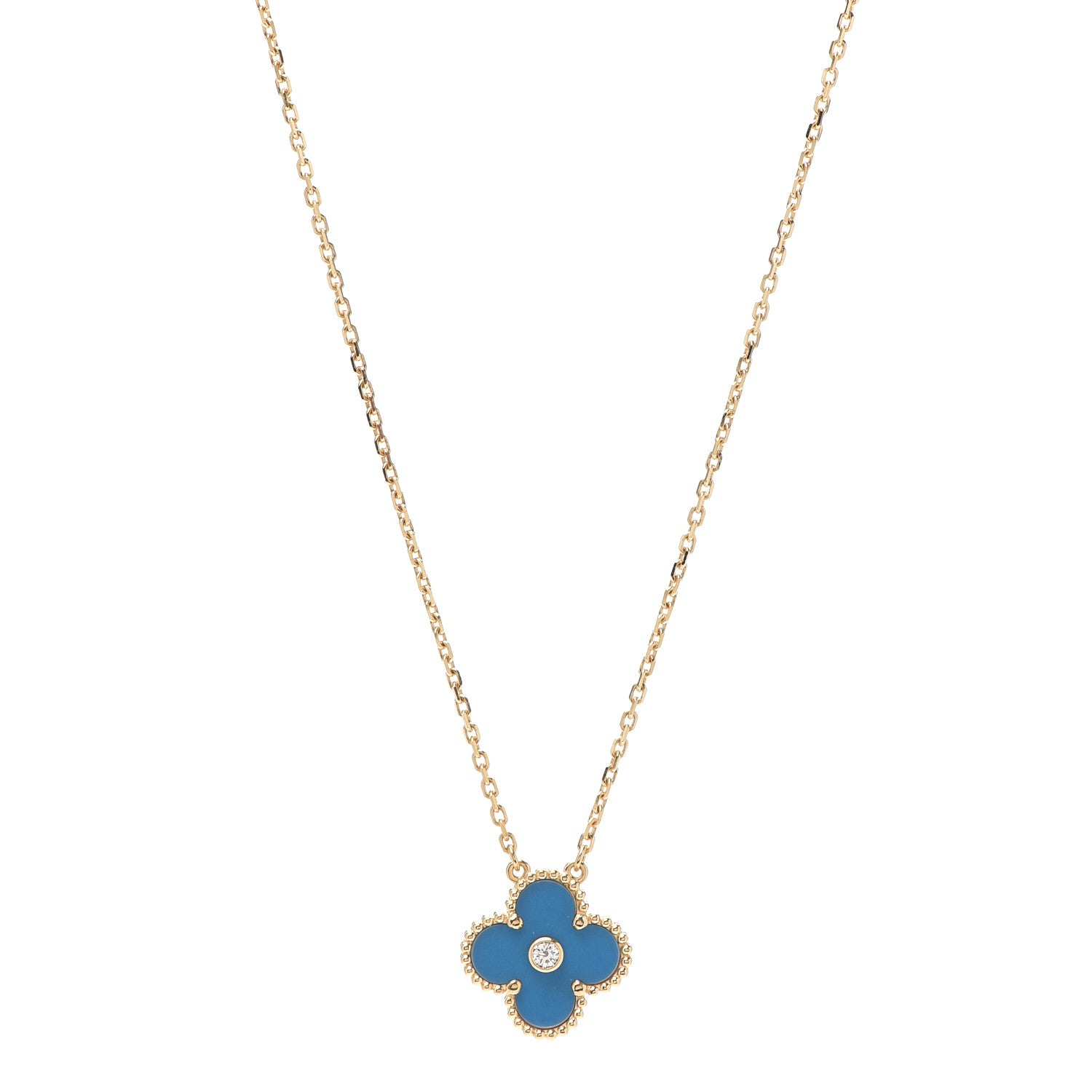 Van Cleef & Arpels 18K Yellow Gold Diamond Celestial Blue Sevres Porcelain Vintage Alhambra Pendant Necklace 1 of 5