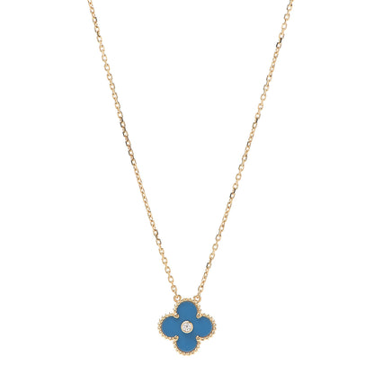 Van Cleef & Arpels 18K Yellow Gold Diamond Celestial Blue Sevres Porcelain Vintage Alhambra Pendant Necklace 1 of 5