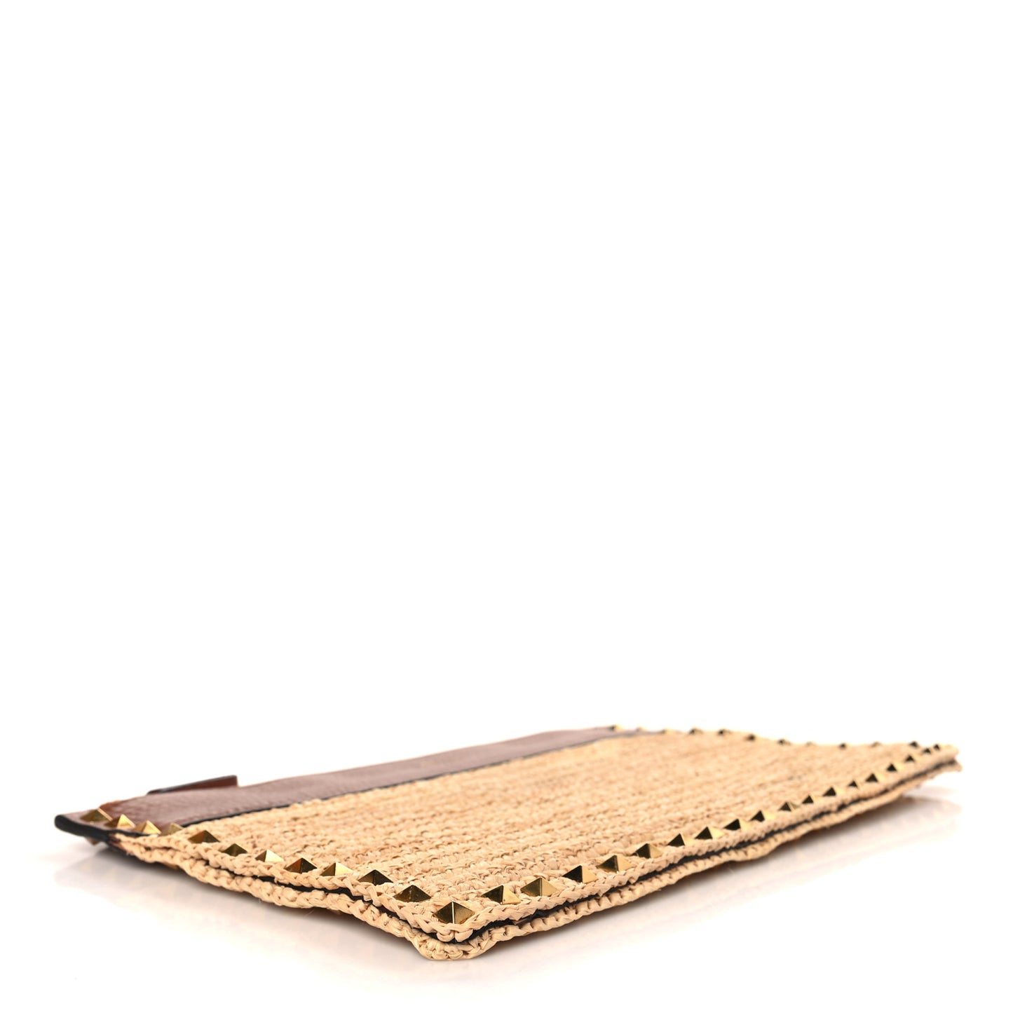 Raffia Calfskin Large Rockstud Zip Pouch Naturale Saddle Brown