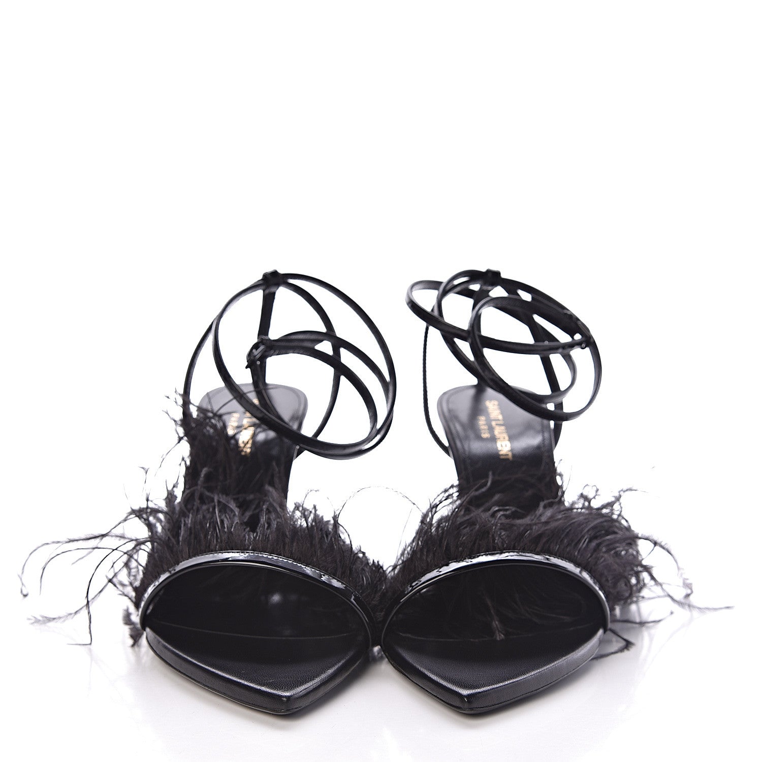 Saint Laurent Patent Ostrich Feathers Era 110 Ankle Strap Sandals 38.5 Black 2 of 9