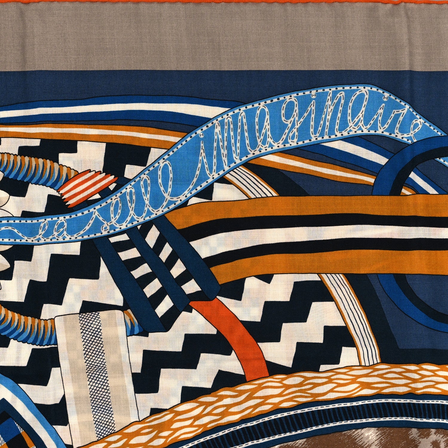 Hermes Cashmere Silk La Selle Imaginaire Shawl 140 Marron Glace Bleu 5 of 5
