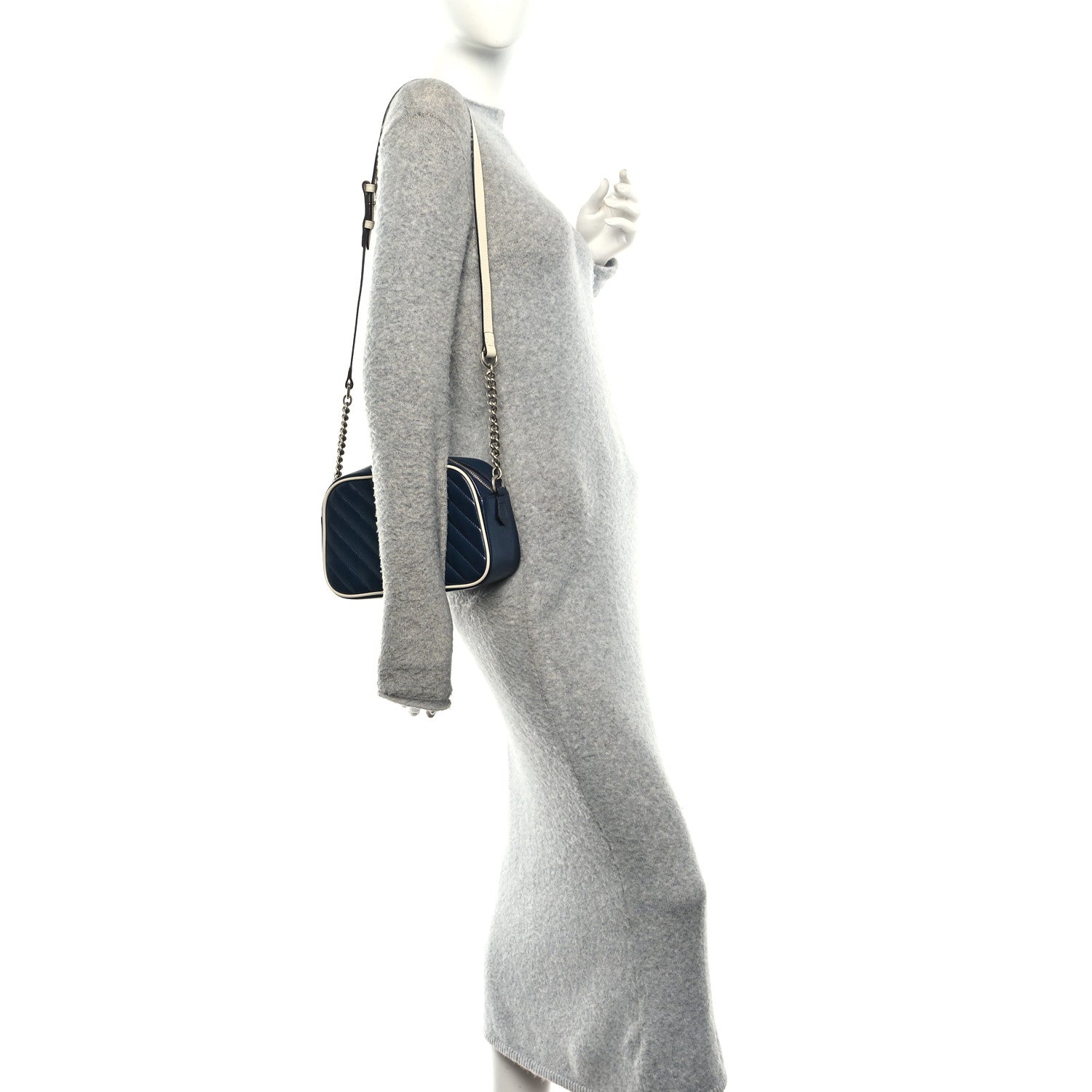 Gucci Vintage Effect Calfskin Matelasse Diagonal Small Torchon GG Marmont Chain Shoulder Bag Blue Agata Mystic White 2 of 10