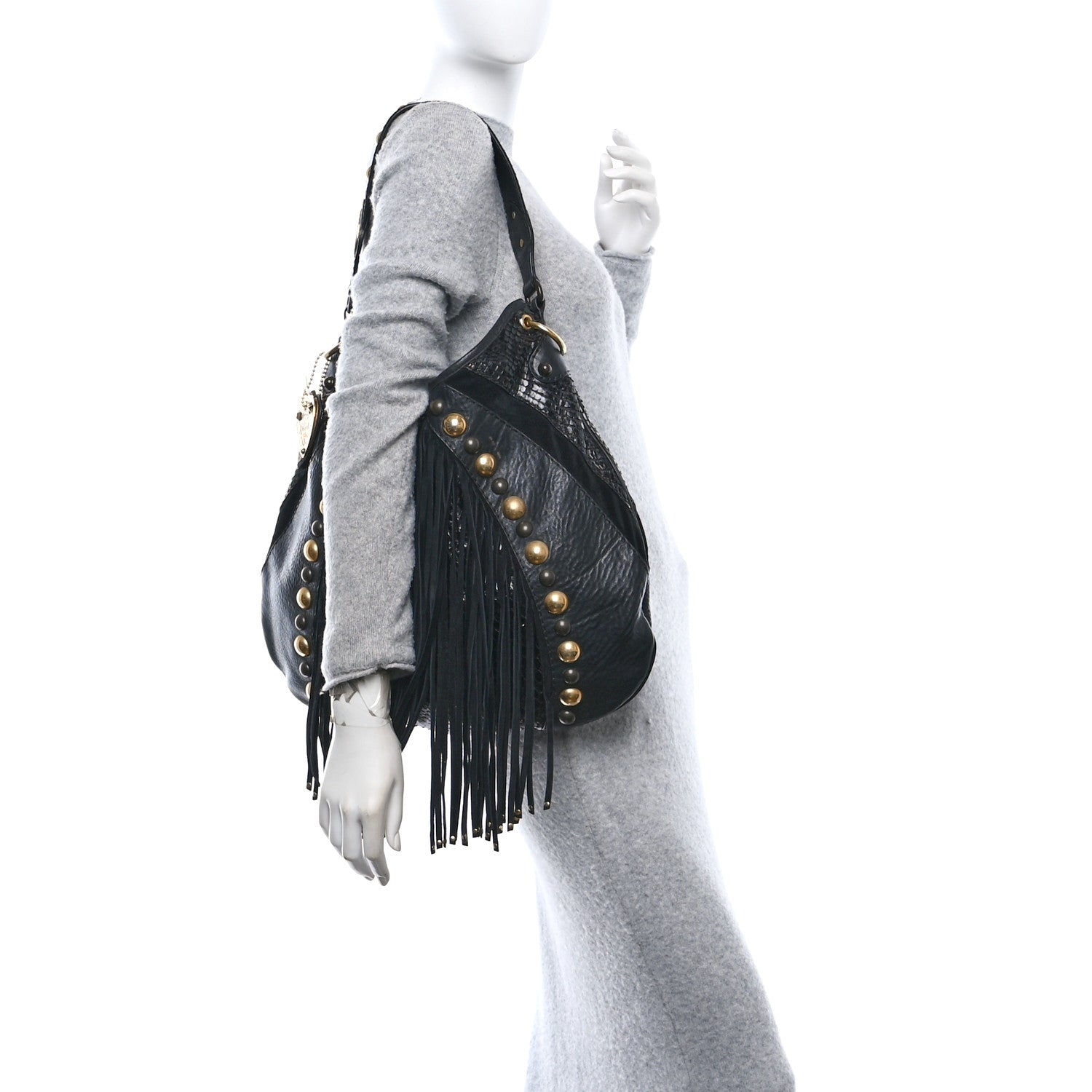 Gucci Suede Snakeskin Fringe Babouska Hobo Black 2 of 11