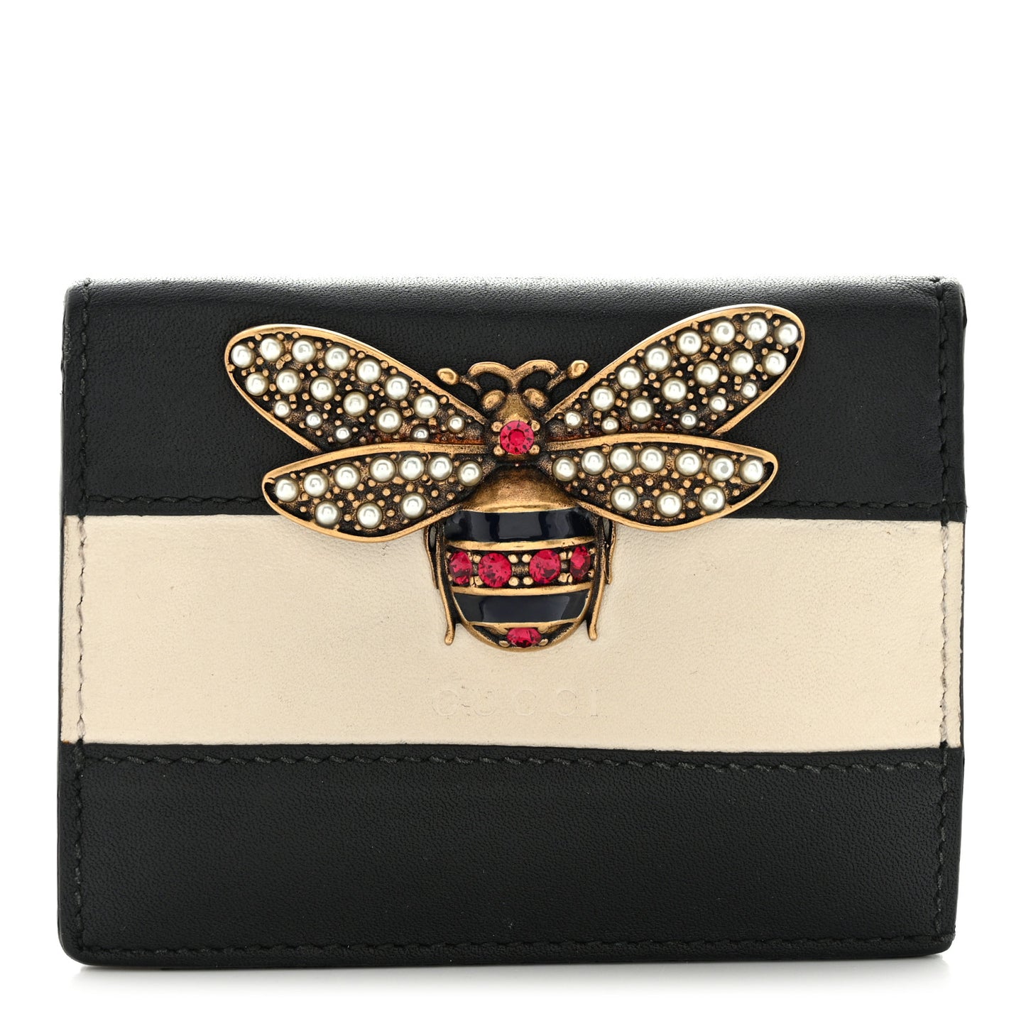 Calfskin Queen Margaret Card Case Wallet Black Mystic White