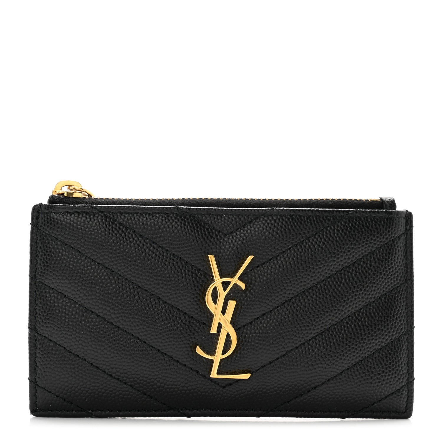 Saint Laurent Grain De Poudre Matelasse Chevron Monogram Fragments Zippered Card Case Black 1 of 10