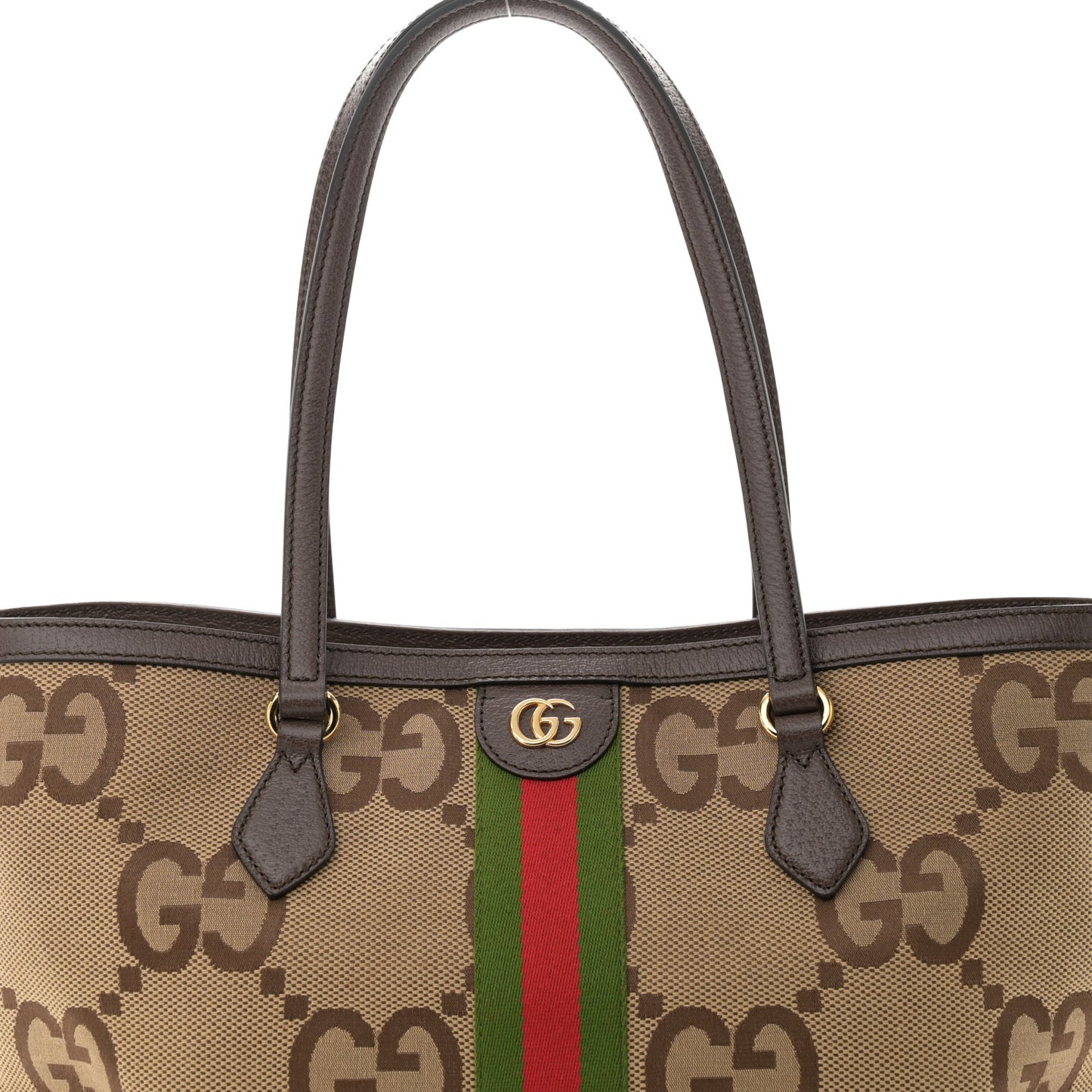 Monogram Jumbo GG Textured Dollar Calfskin Web Medium Ophidia Shopping Tote Camel Ebony