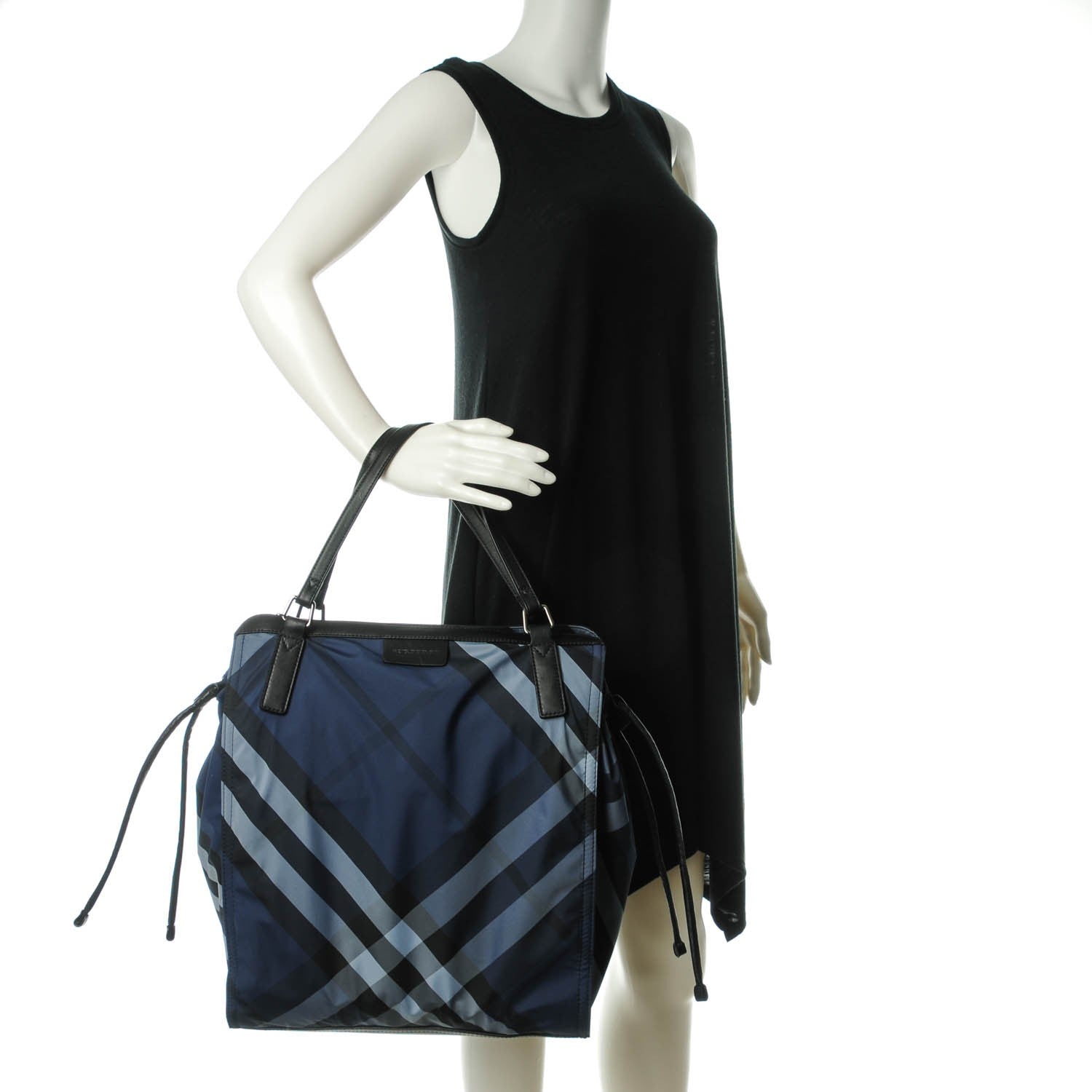 Burberry Nylon Check Small Buckleigh Packable Tote Navy Blue 2 of 8