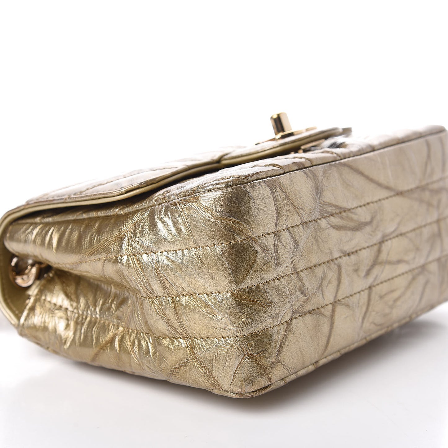 Patent Metallic Crumpled Calfskin Chevron Quilted Mini Rectangular Flap Gold
