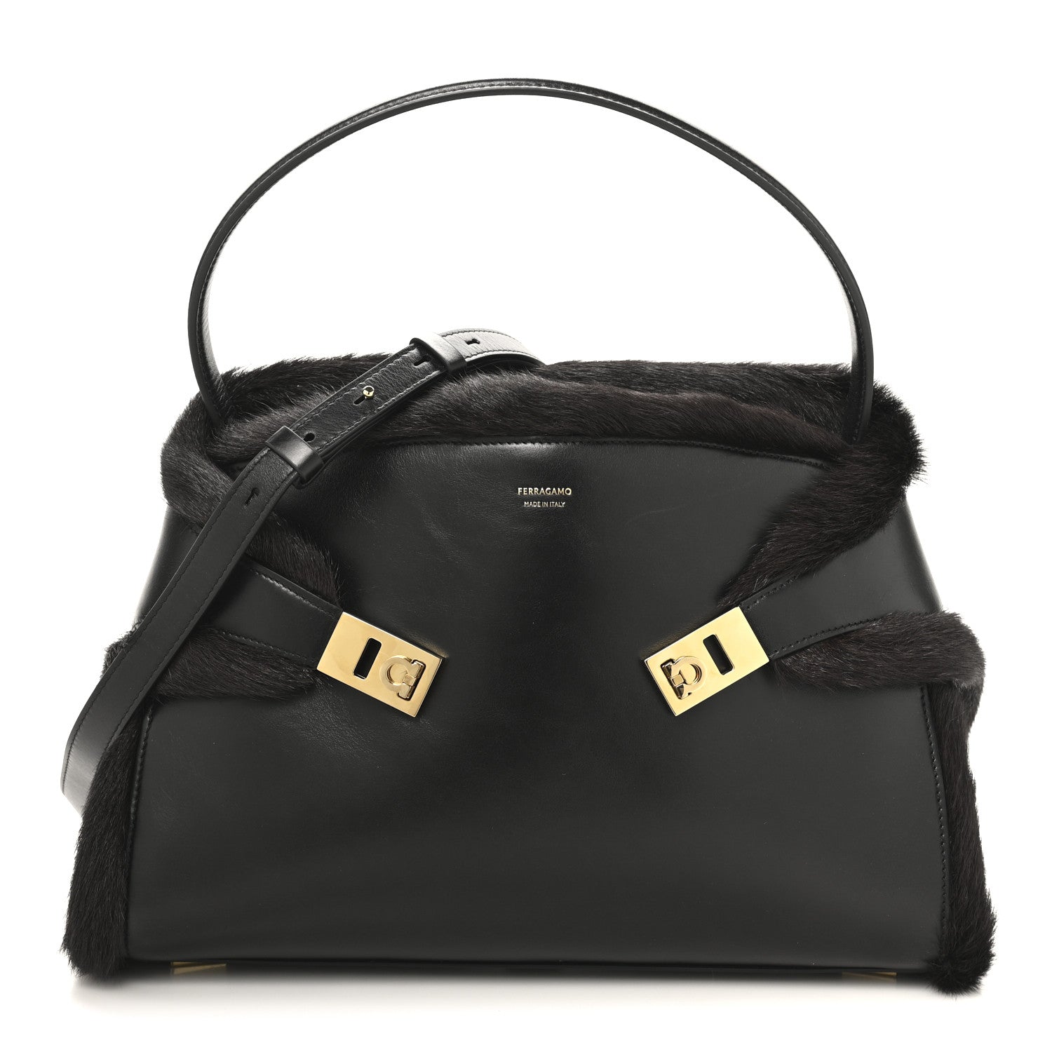 Salvatore Ferragamo Calfskin Shearling Medium Hug Bag Black 7 of 9