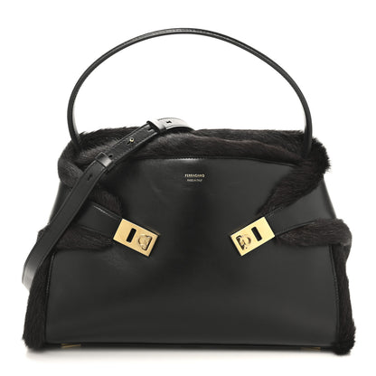 Salvatore Ferragamo Calfskin Shearling Medium Hug Bag Black 7 of 9