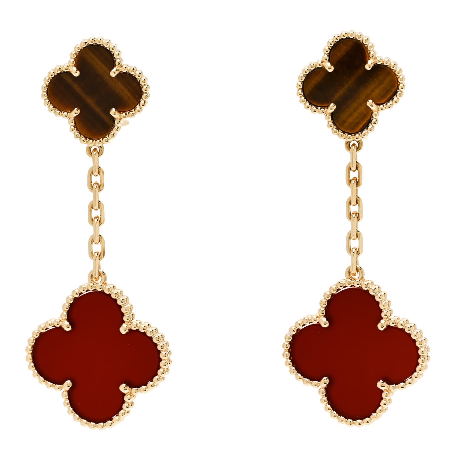 Van Cleef & Arpels 18K Yellow Gold Tiger Eye Carnelian 2 Motifs Magic Alhambra Earrings 1 of 4