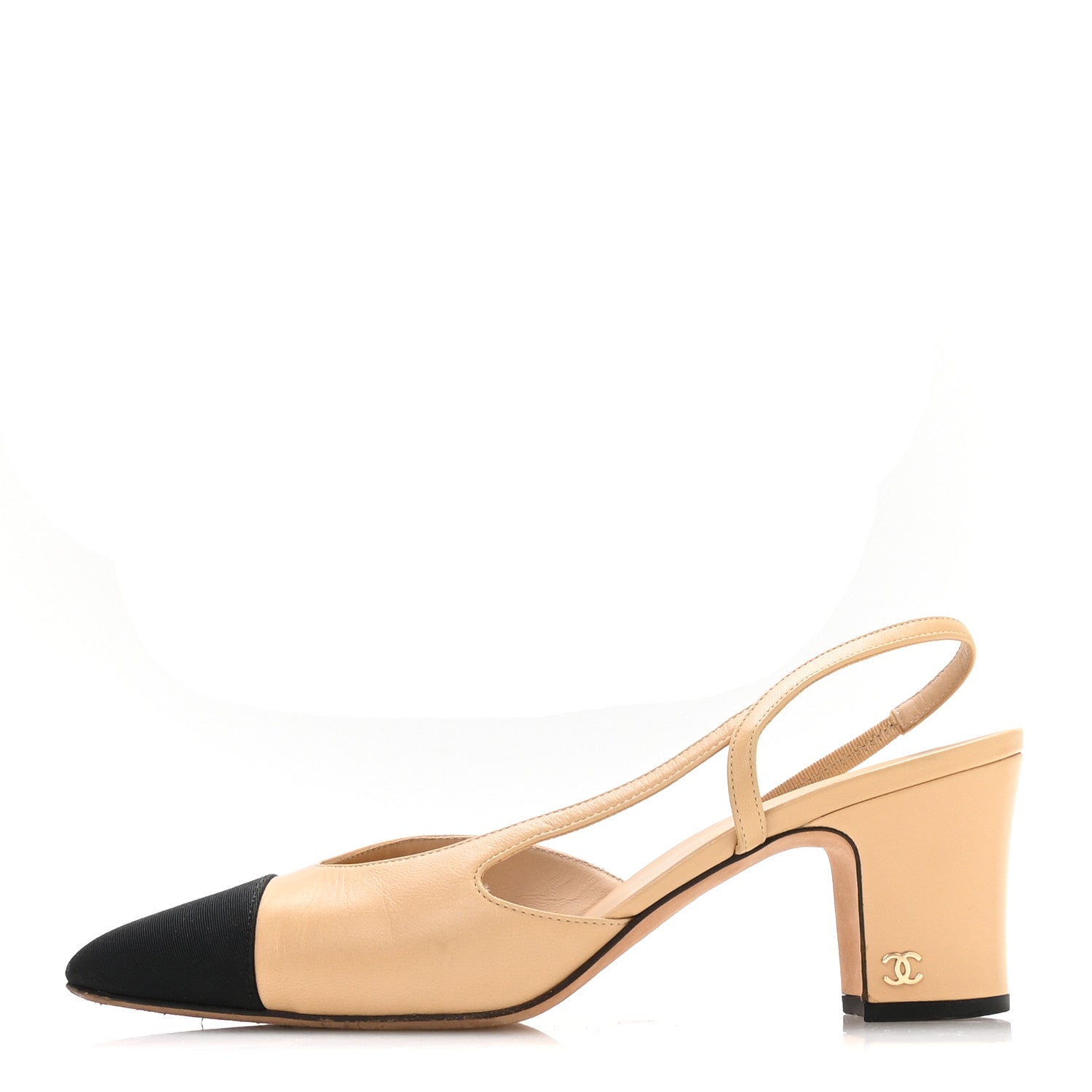 Chanel Goatskin Grosgrain Cap Toe CC Slingback Pumps 40.5 Beige Black 1 of 8