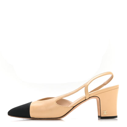 Chanel Goatskin Grosgrain Cap Toe CC Slingback Pumps 40.5 Beige Black 1 of 8
