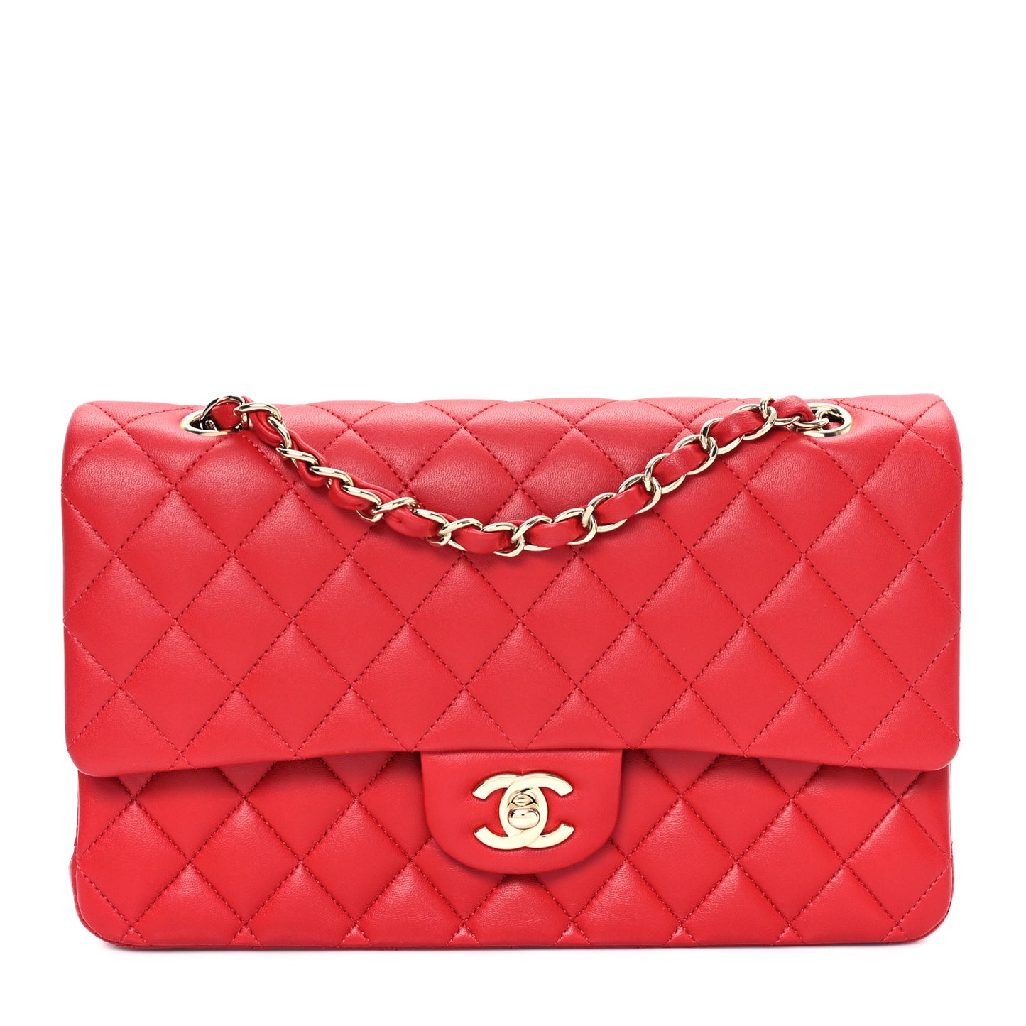 Lambskin Quilted Medium Double Flap Red