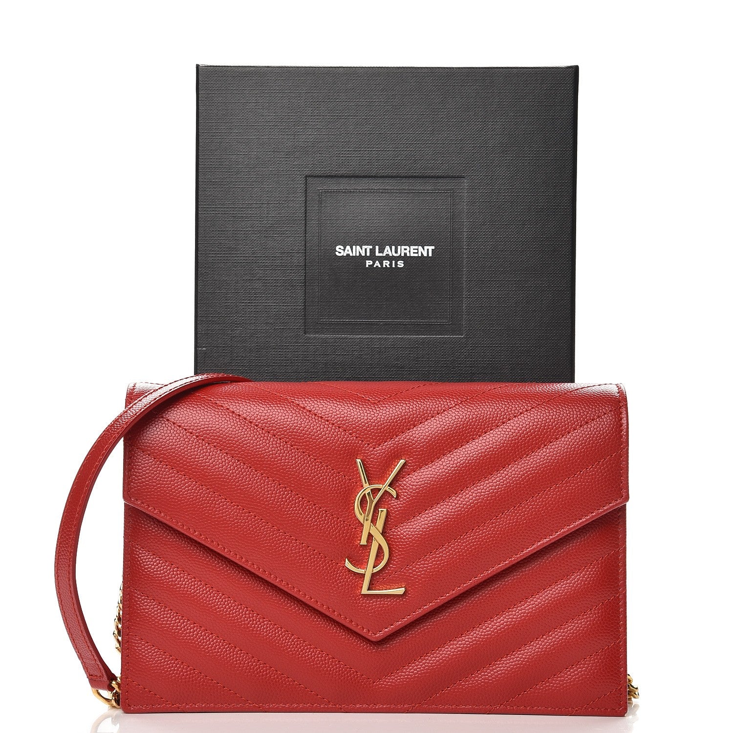 Saint Laurent Grain De Poudre Matelasse Chevron Monogram Envelope Chain Wallet New Red 8 of 8