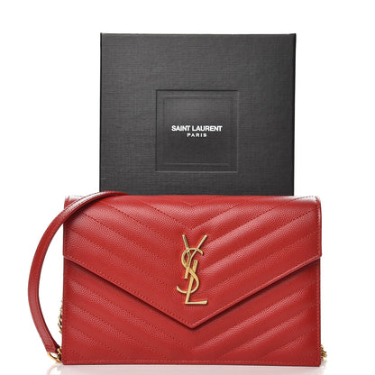 Saint Laurent Grain De Poudre Matelasse Chevron Monogram Envelope Chain Wallet New Red 8 of 8