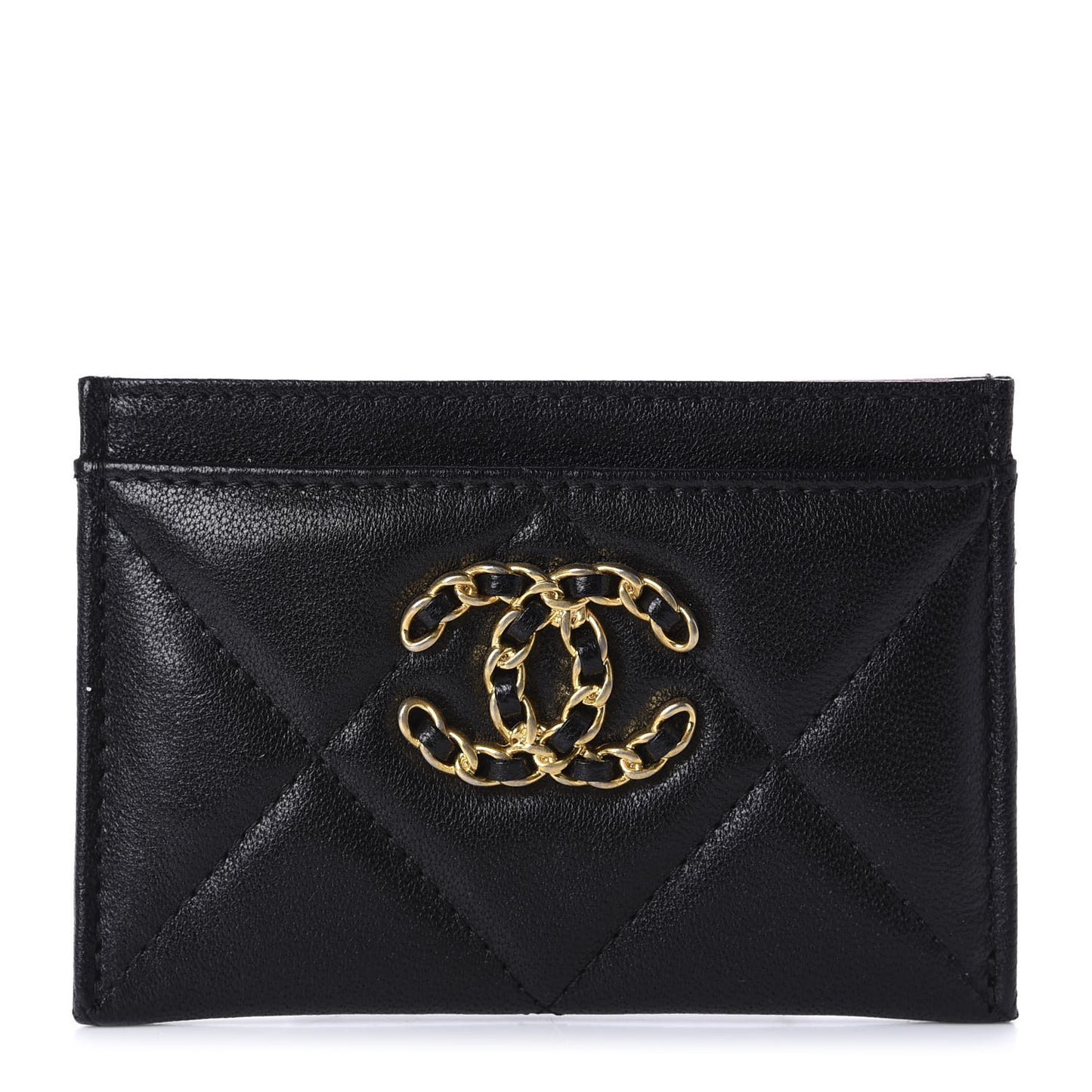 Shiny Goatskin Quilted Chanel 19 Card Holder Black