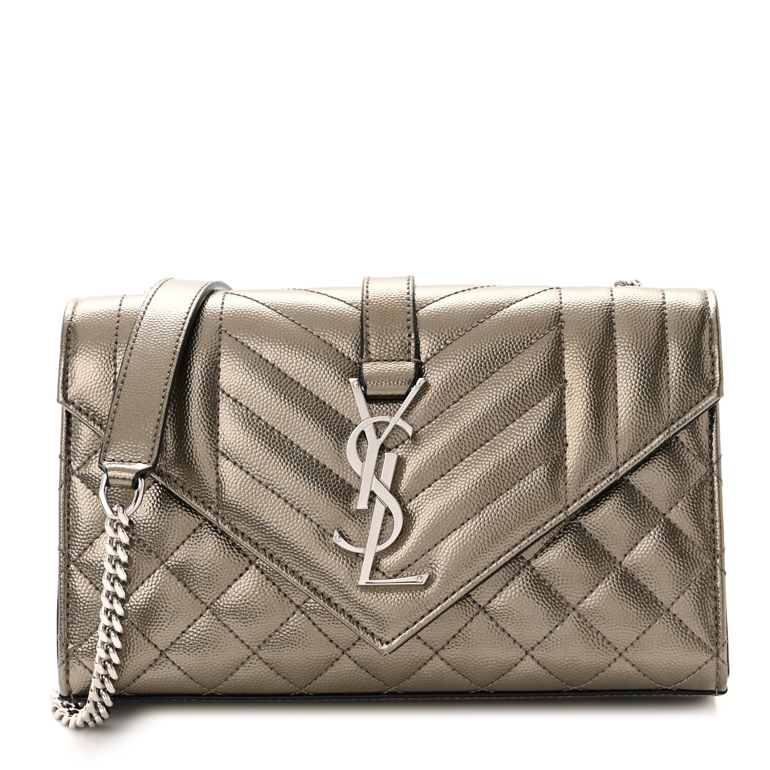 Saint Laurent Metallic Grain De Poudre Textured Mixed Matelasse Triquilt Small Monogram Satchel Piombo 1 of 9