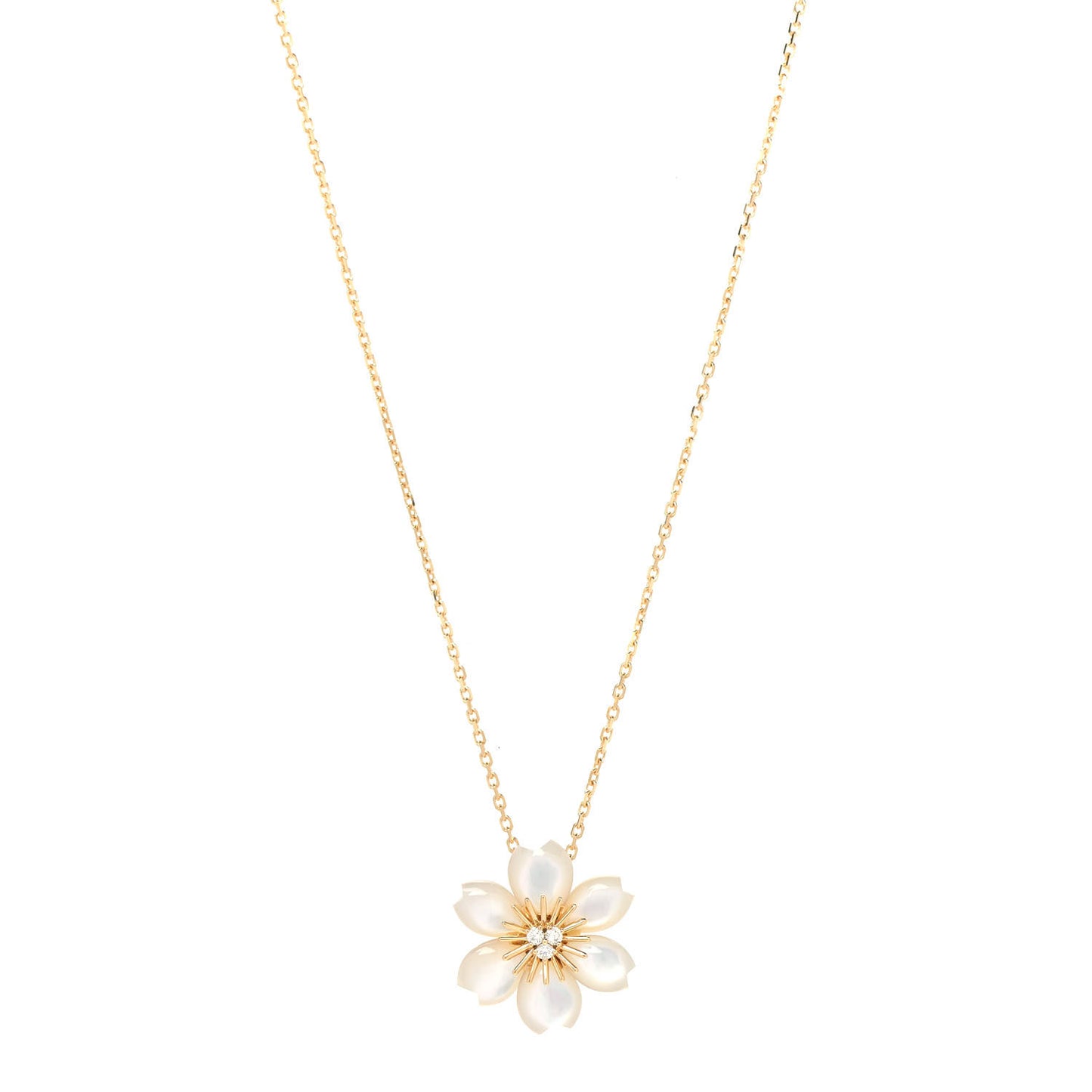 18K Yellow Gold Diamond Mother of Pearl Mini Rose De Noel Pendant Necklace