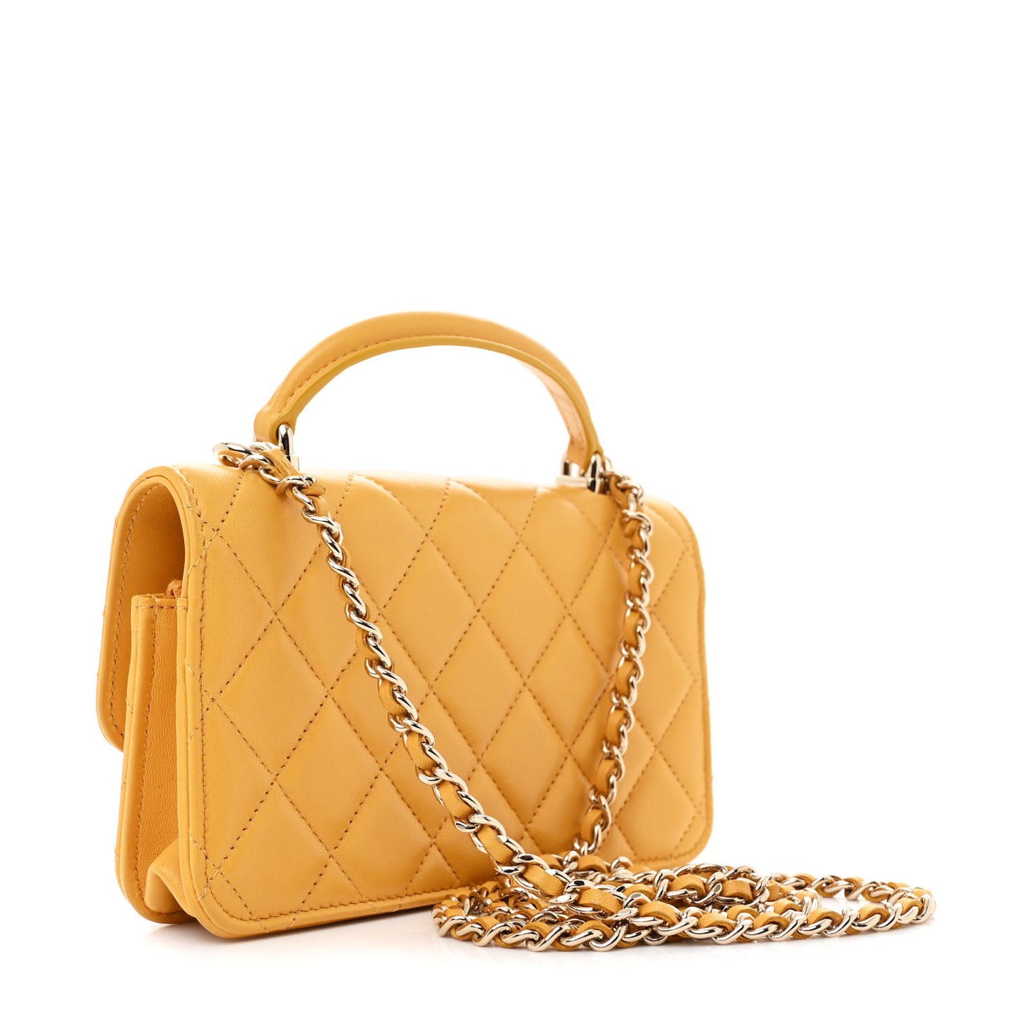 Lambskin Quilted Flap Phone Holder With Chain Yellow