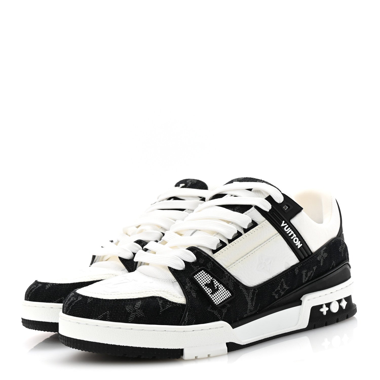 Louis Vuitton Calfskin Embossed Monogram Denim Mens LV Trainer Sneakers 9 Black 4 of 10
