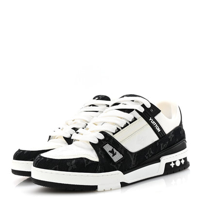 Louis Vuitton Calfskin Embossed Monogram Denim Mens LV Trainer Sneakers 9 Black 4 of 10