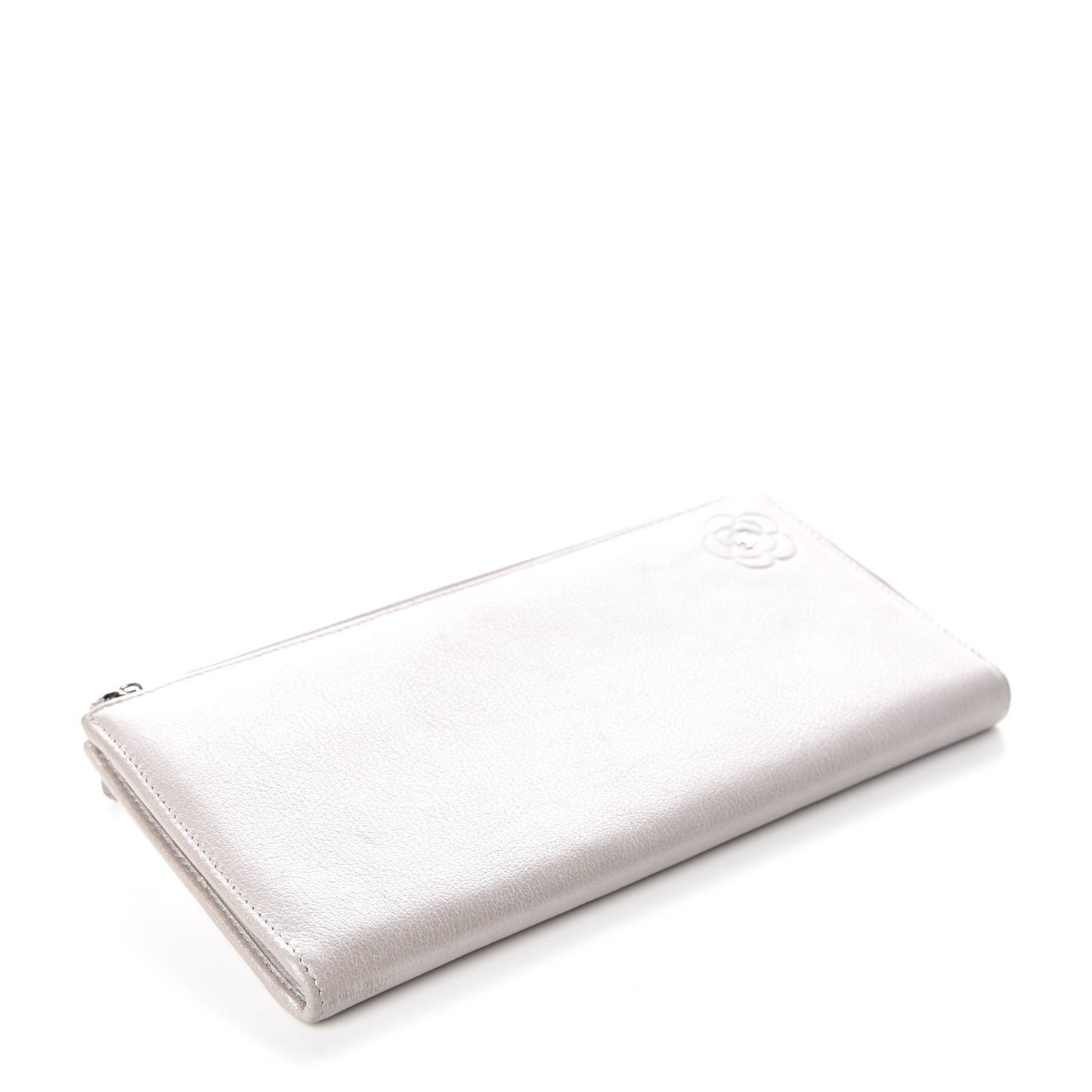 Goatskin Camellia Embossed Zip Around Wallet Silver