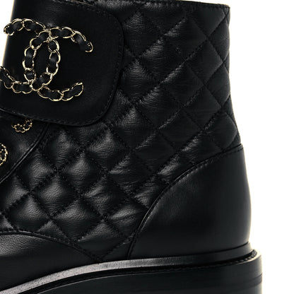 Chanel Shiny Lambskin Quilted Lace Up Combat Boots 39 Black 7 of 8