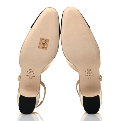 Chanel Goatskin Grosgrain Cap Toe CC Slingback Pumps 38 Beige Black 5 of 8