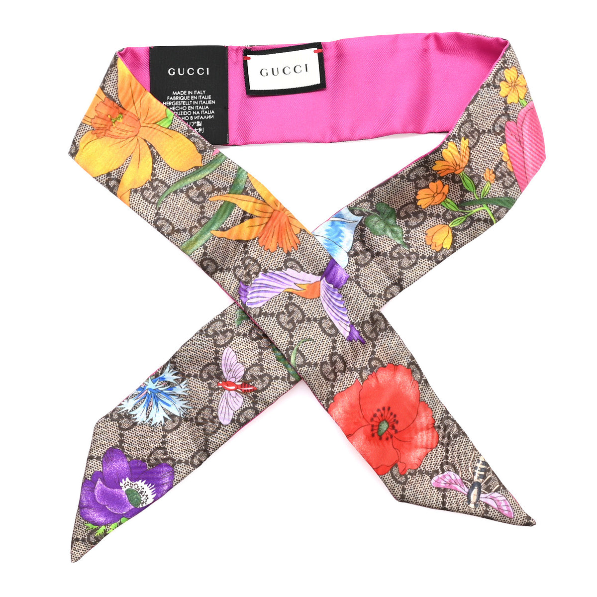 Gucci Silk Twill GG Monogram Special Flory Neck Bow Scarf Beige Fuxia 1 of 3