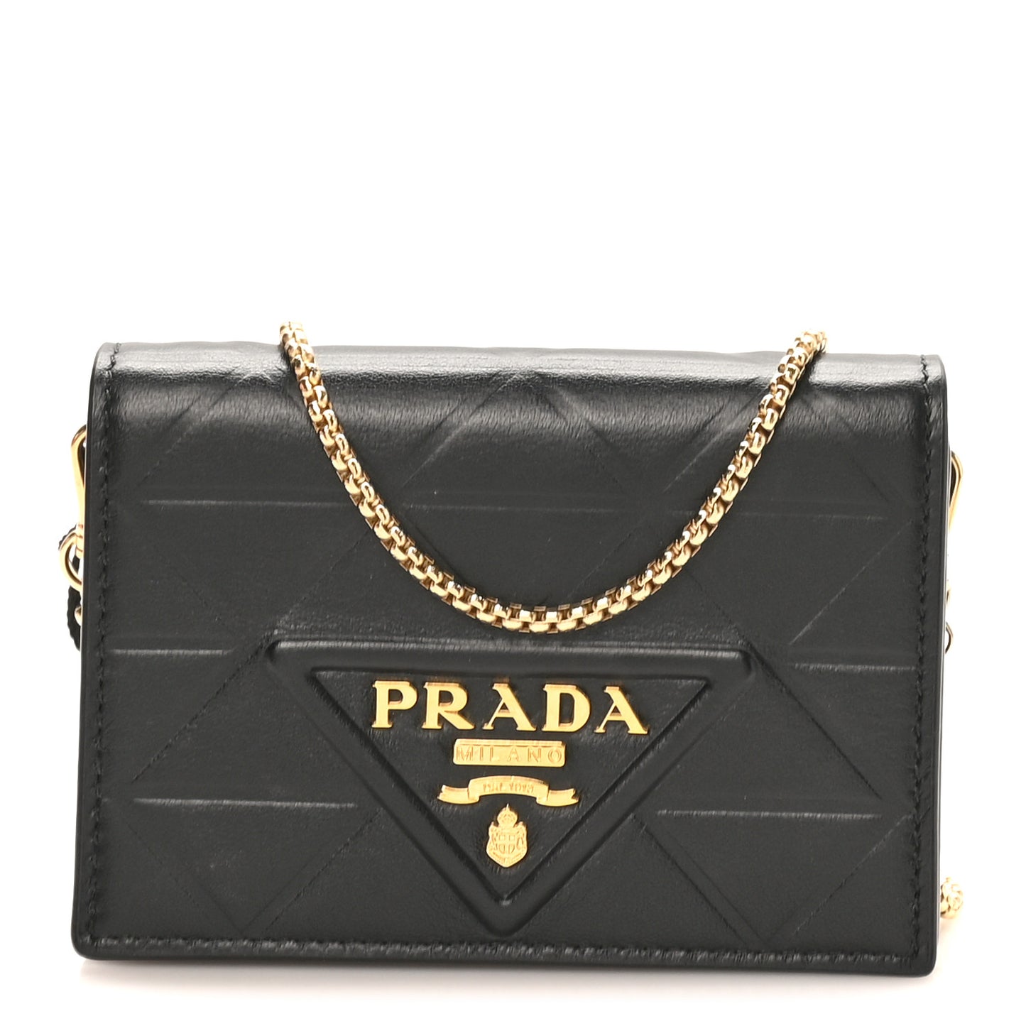 Nappa Quilted Metal Patchwork Triangle Logo Card Holder With Strap Black