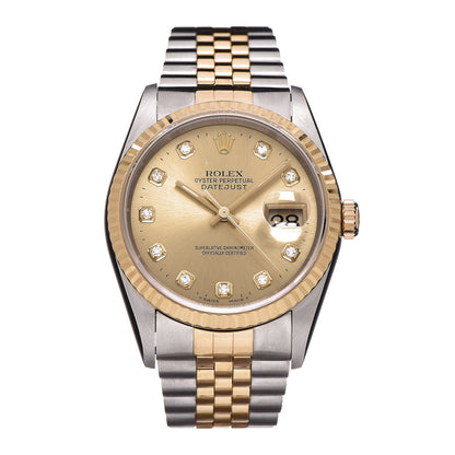 Rolex Stainless Steel 18K Yellow Gold Diamond 36mm Oyster Perpetual Datejust Watch Champagne 16233 1 of 7