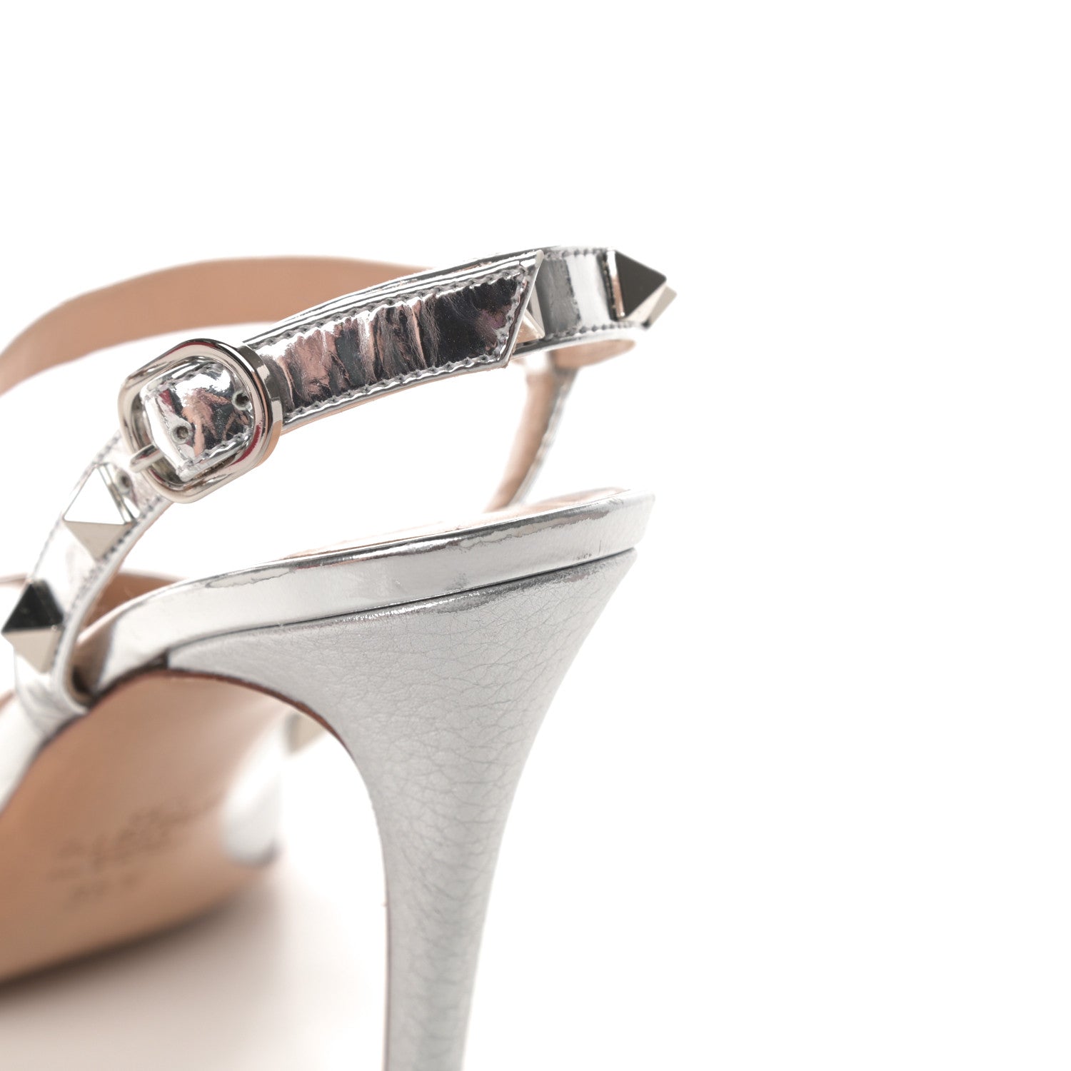 Valentino Garavani Metallic Pebbled Calfskin Rockstud Asymmetric 100mm Sandals 35.5 Silver 10 of 15
