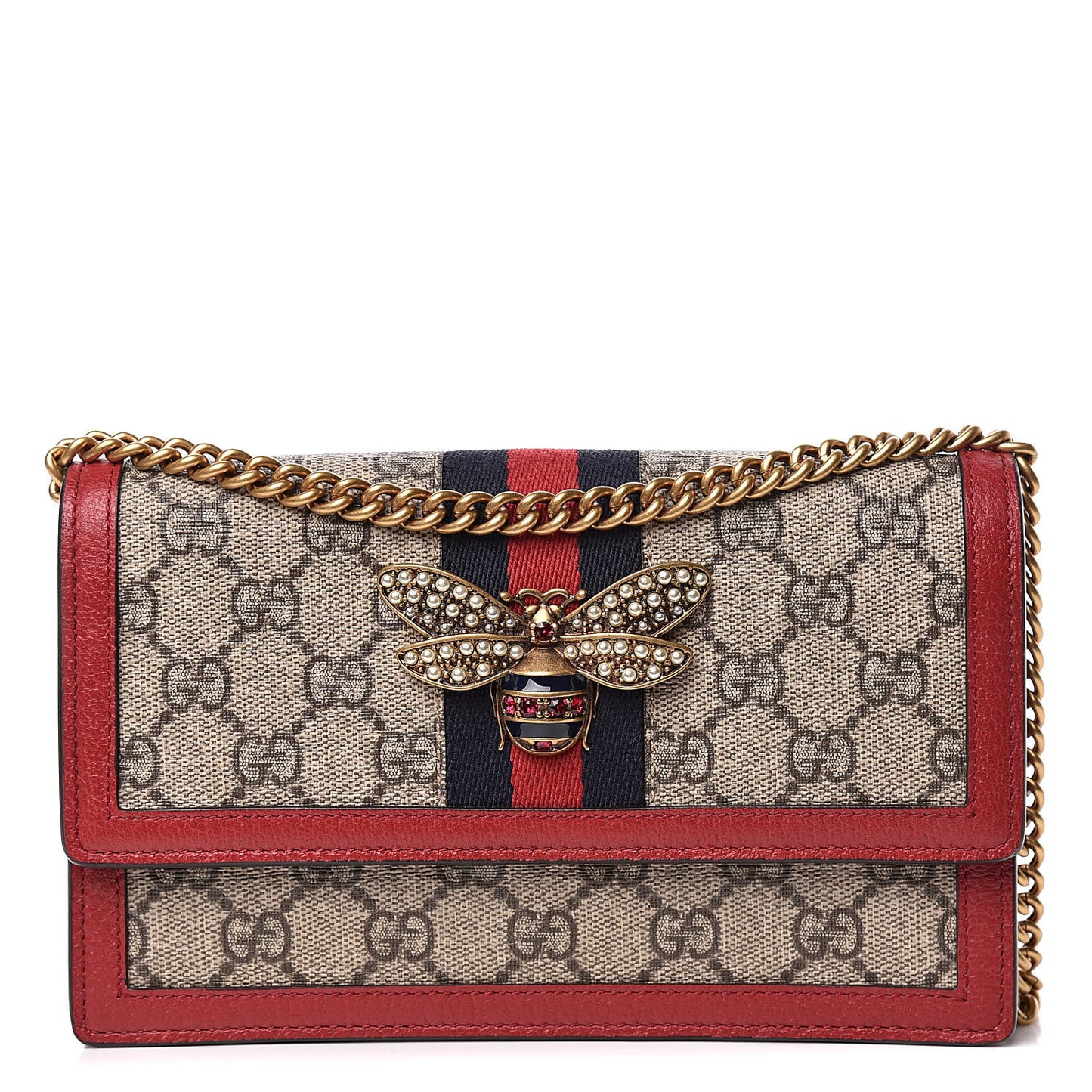 GG Supreme Monogram Web Queen Margaret Chain Wallet Red