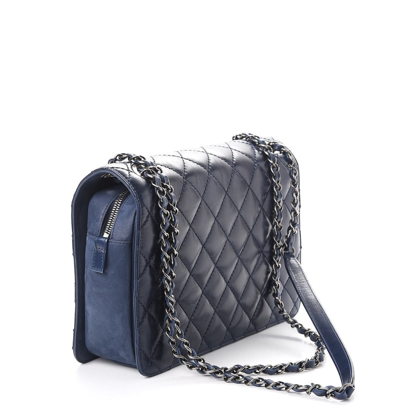 Glazed Calfskin Quilted Medium Day Trip Flap Navy