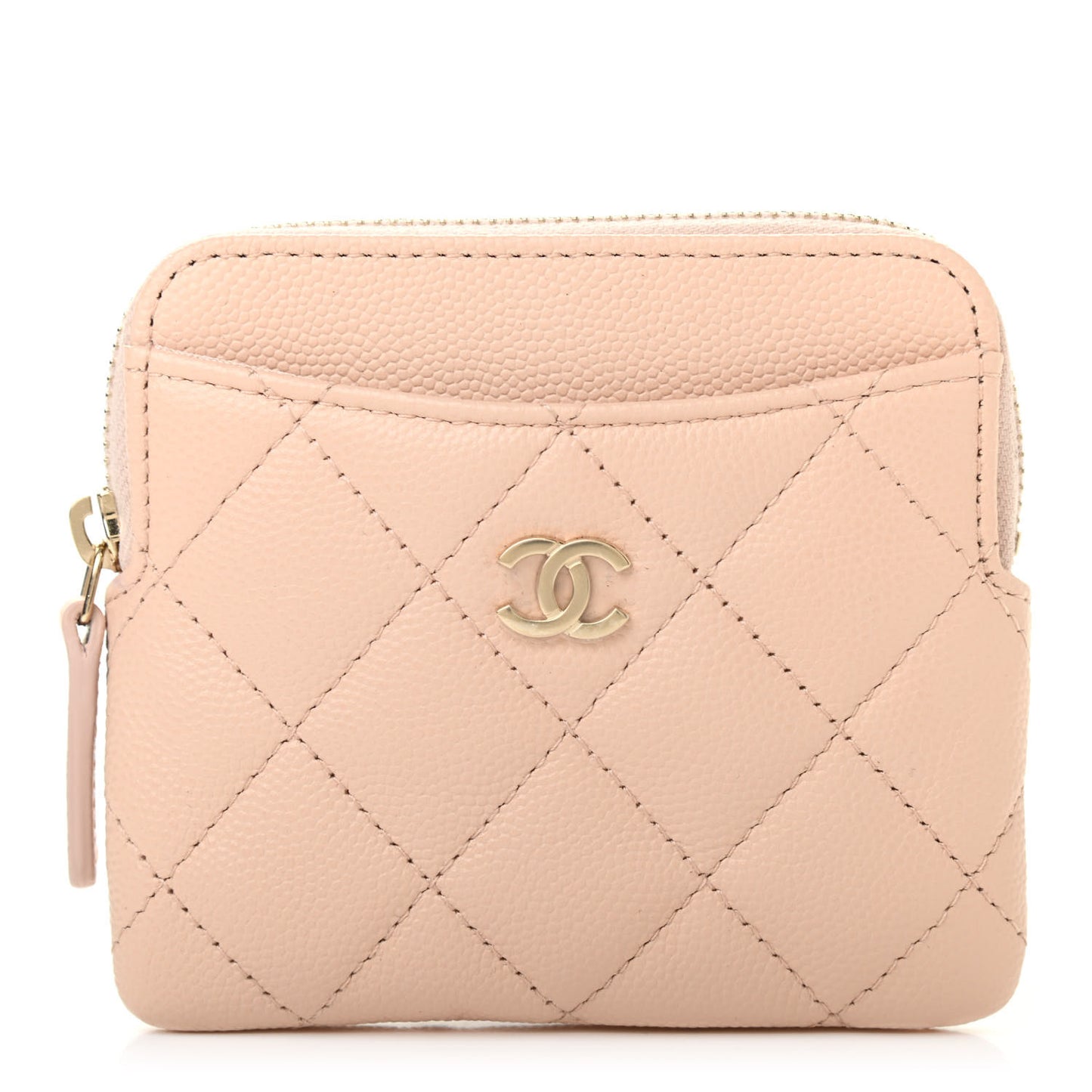 Caviar Quilted Zip Card Holder Wallet Light Beige